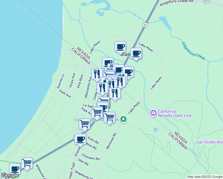 map of restaurants, bars, coffee shops, grocery stores, and more near 4125 Lake Tahoe Boulevard in South Lake Tahoe