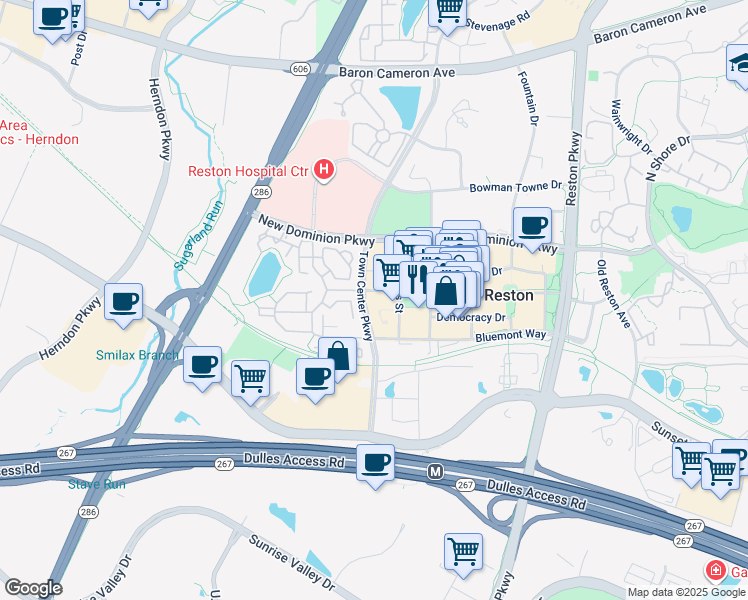 map of restaurants, bars, coffee shops, grocery stores, and more near 12001 Market Street in Reston