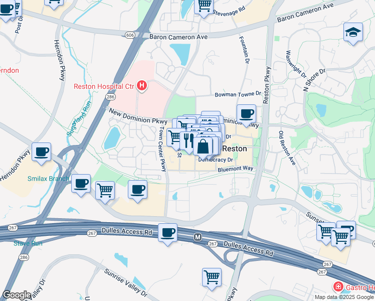 map of restaurants, bars, coffee shops, grocery stores, and more near 11900 Market Street in Reston
