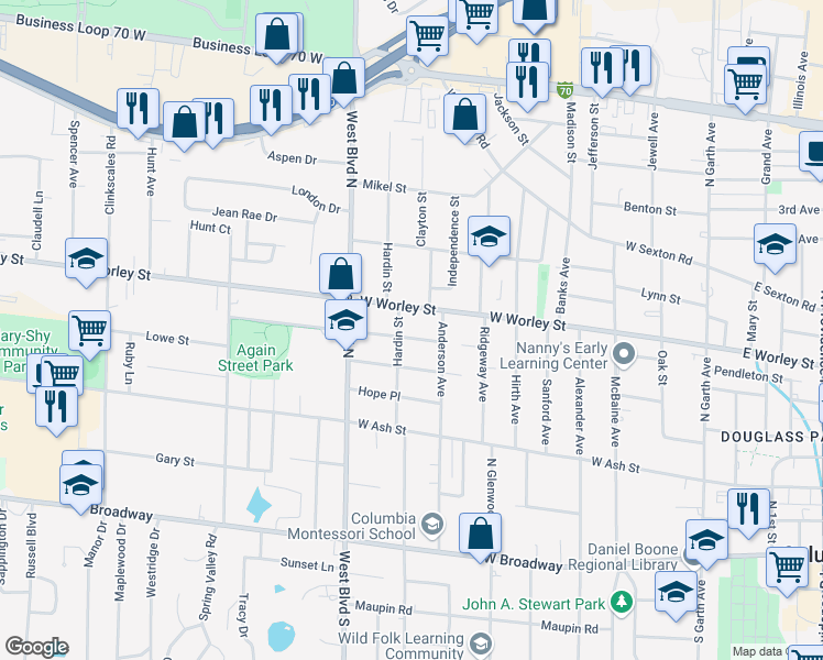 map of restaurants, bars, coffee shops, grocery stores, and more near 814 Again Street in Columbia