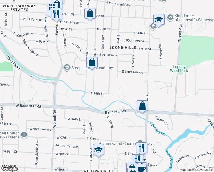 map of restaurants, bars, coffee shops, grocery stores, and more near 9328 McGee Street in Kansas City