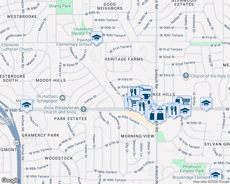 map of restaurants, bars, coffee shops, grocery stores, and more near 9400 Kessler Lane in Overland Park