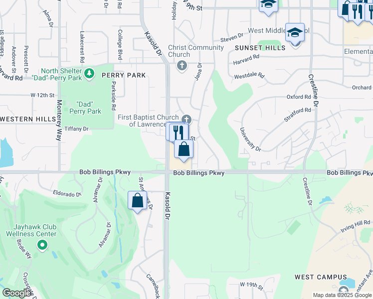 map of restaurants, bars, coffee shops, grocery stores, and more near 1403 Apple Lane in Lawrence