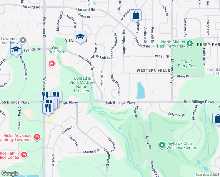 map of restaurants, bars, coffee shops, grocery stores, and more near 1416 Monterey Hill Drive in Lawrence