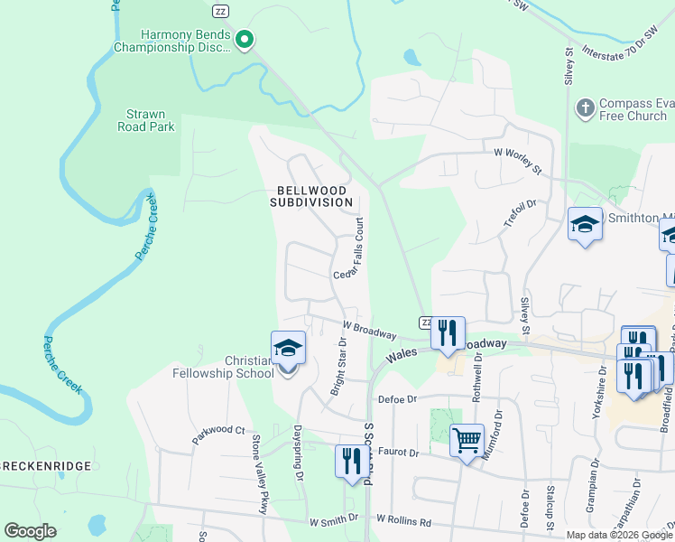 map of restaurants, bars, coffee shops, grocery stores, and more near 116 Cedar Falls Court in Columbia
