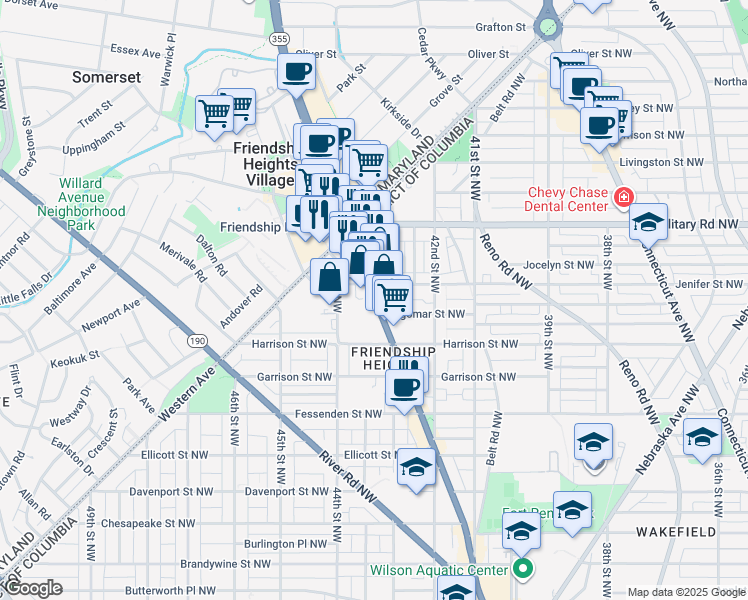 map of restaurants, bars, coffee shops, grocery stores, and more near 5220 Wisconsin Avenue Northwest in Washington