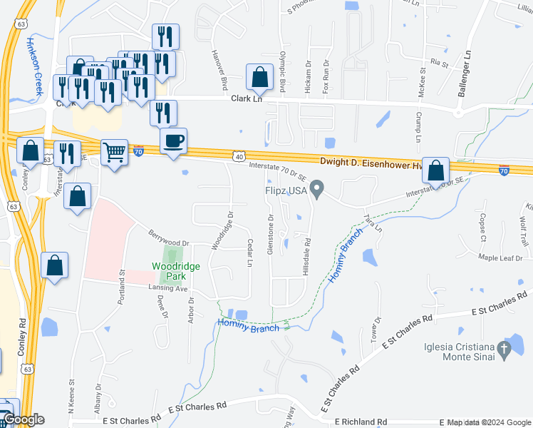 map of restaurants, bars, coffee shops, grocery stores, and more near 713 Glenstone Drive in Columbia