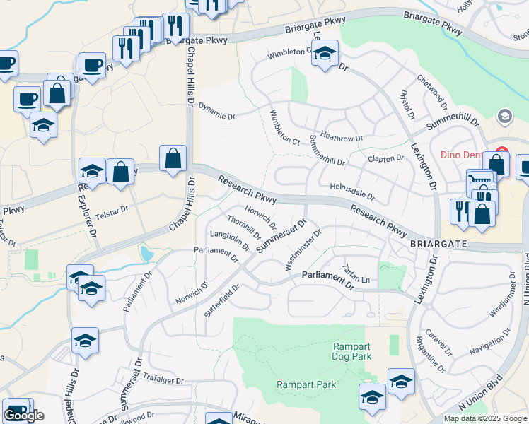 map of restaurants, bars, coffee shops, grocery stores, and more near 8715 Hillsport Way in Colorado Springs
