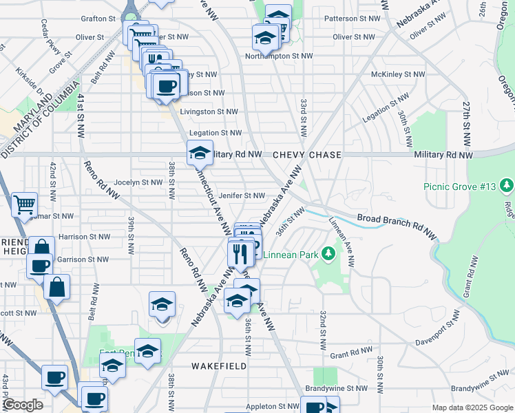 map of restaurants, bars, coffee shops, grocery stores, and more near 3625 Ingomar Place Northwest in Washington