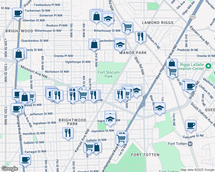 map of restaurants, bars, coffee shops, grocery stores, and more near 218 Madison Street Northwest in Washington