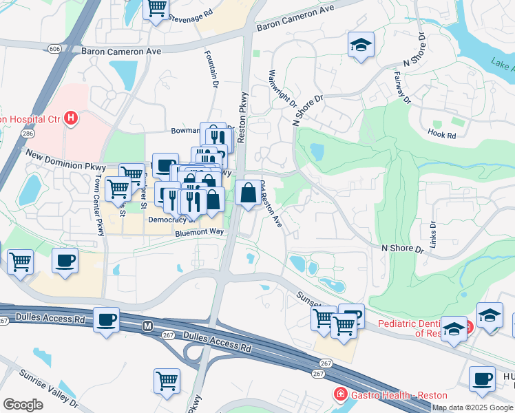 map of restaurants, bars, coffee shops, grocery stores, and more near 11776 Stratford House Place in Reston