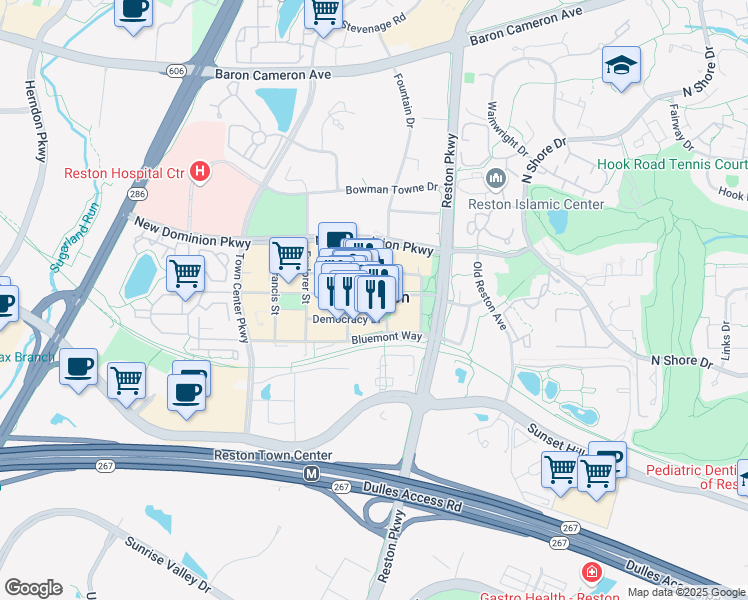 map of restaurants, bars, coffee shops, grocery stores, and more near 11909 Market Street in Reston