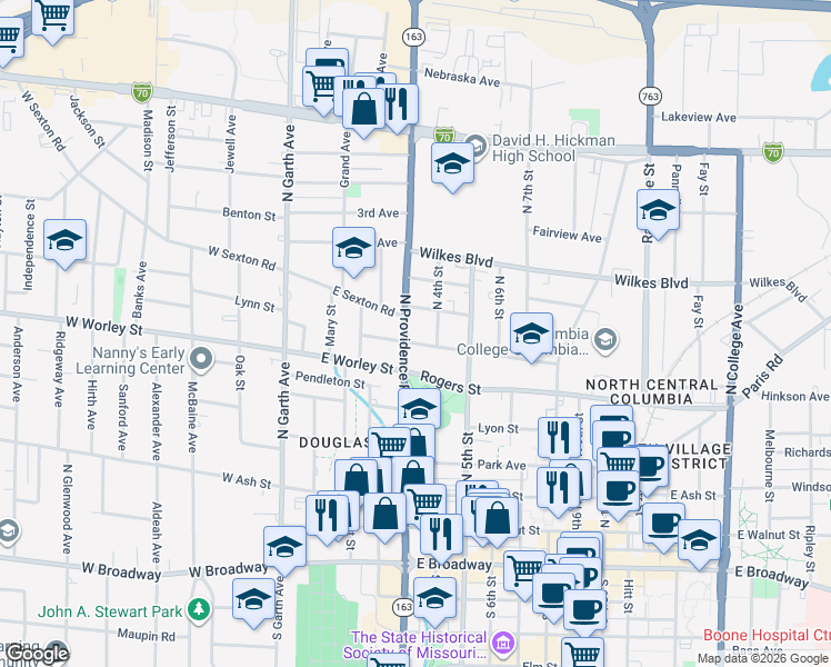 map of restaurants, bars, coffee shops, grocery stores, and more near 300 Hickman Avenue in Columbia
