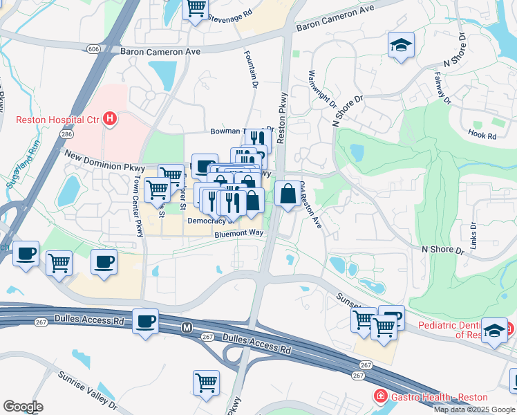 map of restaurants, bars, coffee shops, grocery stores, and more near 11851 Market Street in Reston