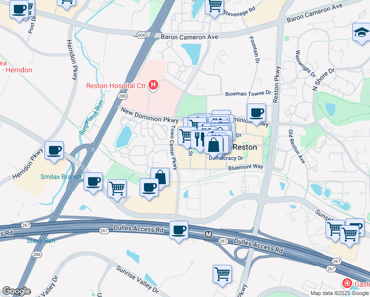 map of restaurants, bars, coffee shops, grocery stores, and more near 12001 Market Street in Reston