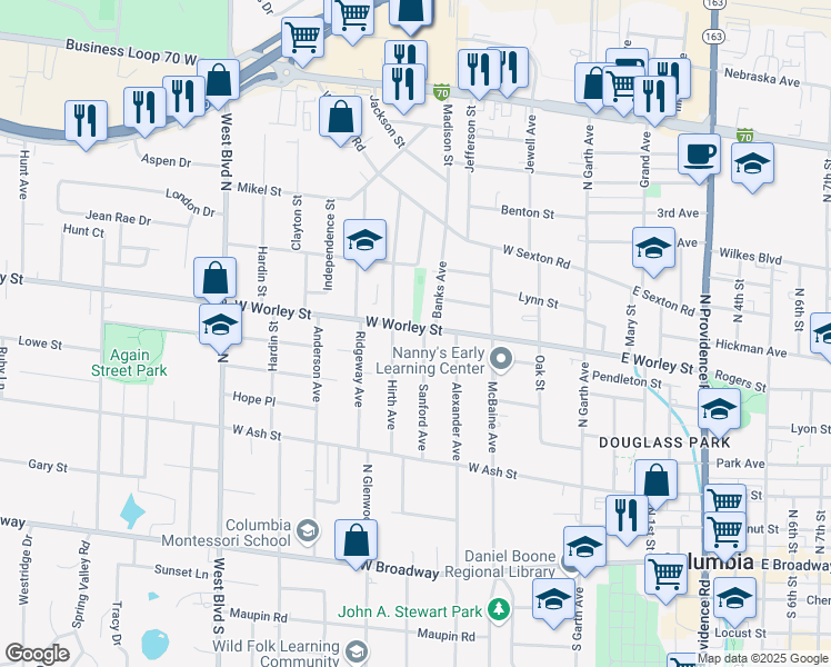 map of restaurants, bars, coffee shops, grocery stores, and more near 414 Hirth Avenue in Columbia