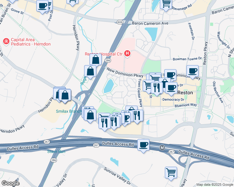 map of restaurants, bars, coffee shops, grocery stores, and more near 1922 Logan Manor Drive in Reston