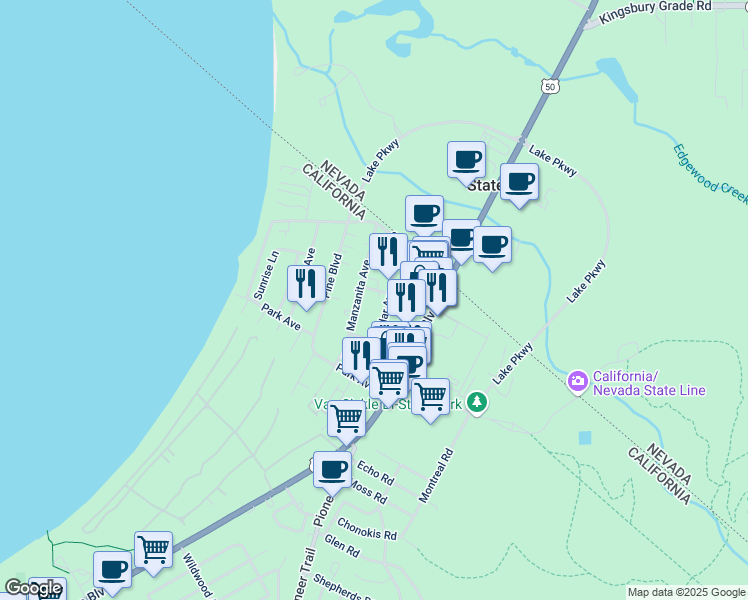 map of restaurants, bars, coffee shops, grocery stores, and more near 942 Poplar Street in South Lake Tahoe