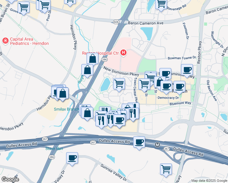 map of restaurants, bars, coffee shops, grocery stores, and more near 1922 Logan Manor Drive in Reston
