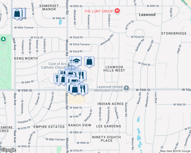 map of restaurants, bars, coffee shops, grocery stores, and more near 9416 Wenonga Road in Leawood