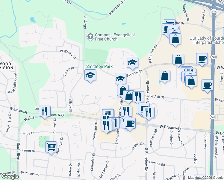 map of restaurants, bars, coffee shops, grocery stores, and more near 201 Park De Ville Drive in Columbia