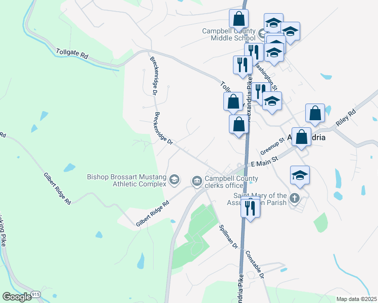 map of restaurants, bars, coffee shops, grocery stores, and more near 106 Breckenridge Drive in Alexandria