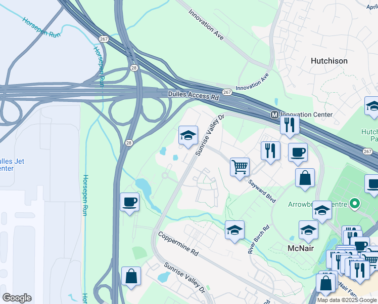 map of restaurants, bars, coffee shops, grocery stores, and more near 2355 Dulles Corner Boulevard in Herndon