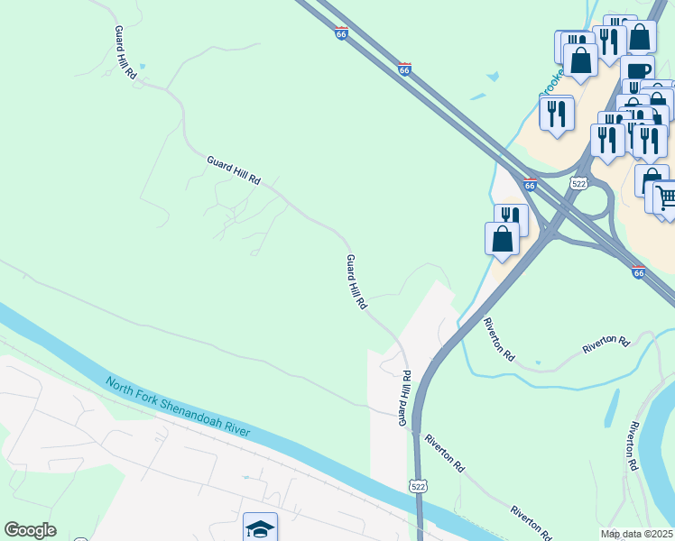 map of restaurants, bars, coffee shops, grocery stores, and more near 3776 Guard Hill Road in Front Royal
