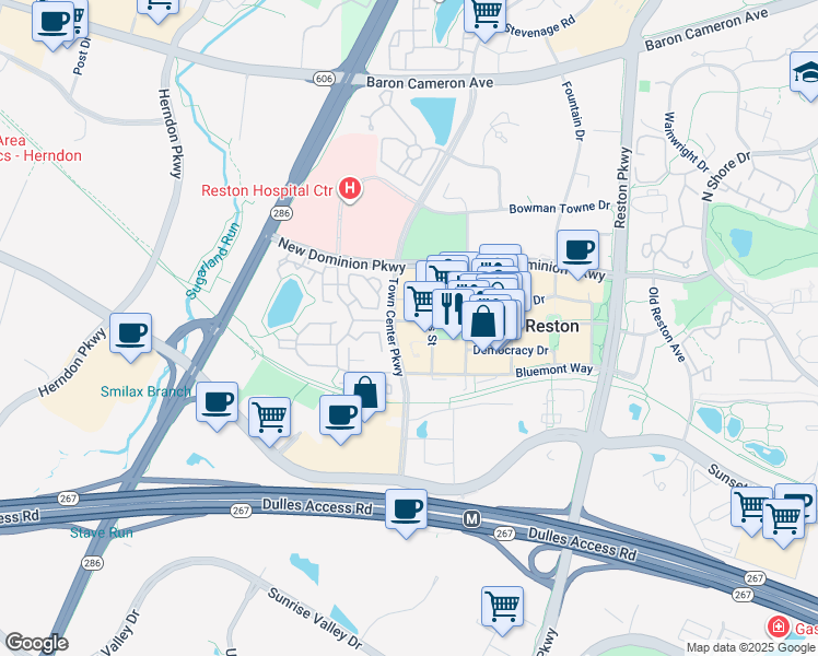 map of restaurants, bars, coffee shops, grocery stores, and more near 12001 Market Street in Reston