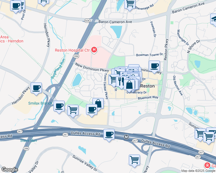 map of restaurants, bars, coffee shops, grocery stores, and more near 12001 Market Street in Reston