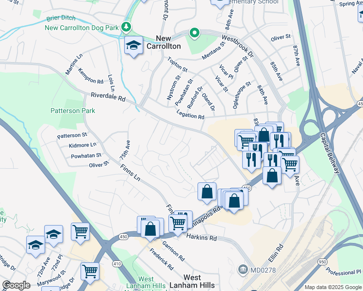 map of restaurants, bars, coffee shops, grocery stores, and more near 7615 Fontainebleau Drive in New Carrollton