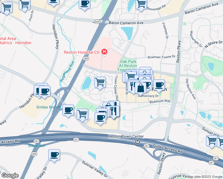 map of restaurants, bars, coffee shops, grocery stores, and more near 12098 Kinsley Place in Reston