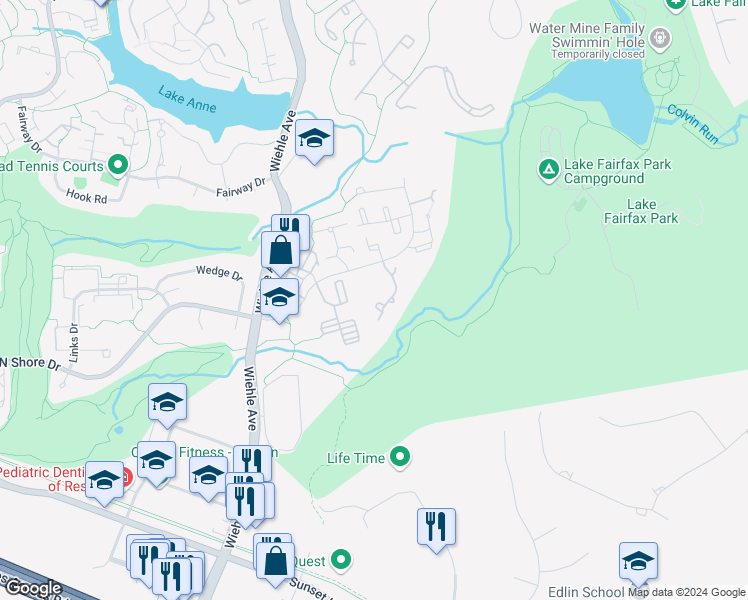 map of restaurants, bars, coffee shops, grocery stores, and more near 1645 Oak Spring Way in Reston