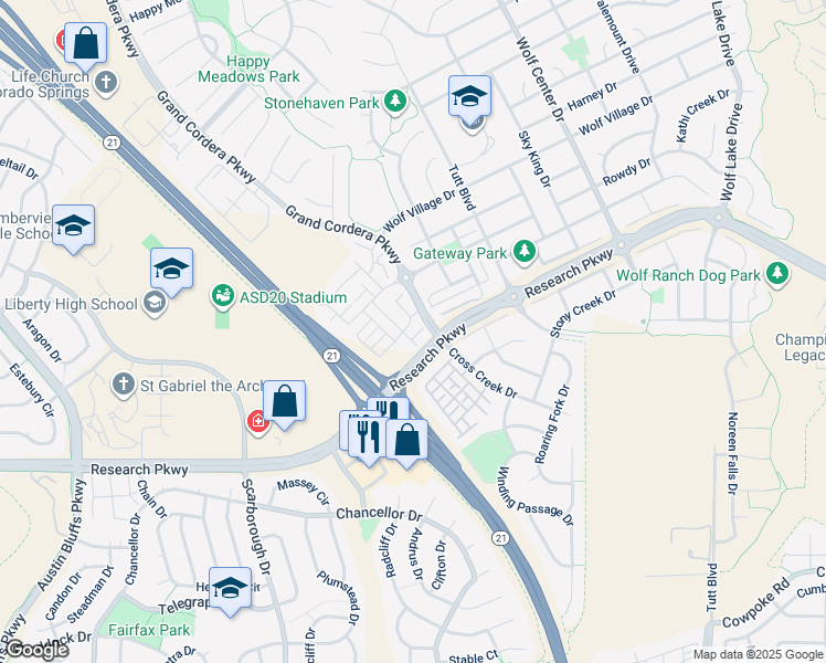 map of restaurants, bars, coffee shops, grocery stores, and more near 5329 Snowy Egret Grove in Colorado Springs