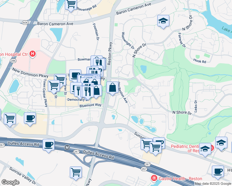 map of restaurants, bars, coffee shops, grocery stores, and more near 11776 Stratford House Place in Reston