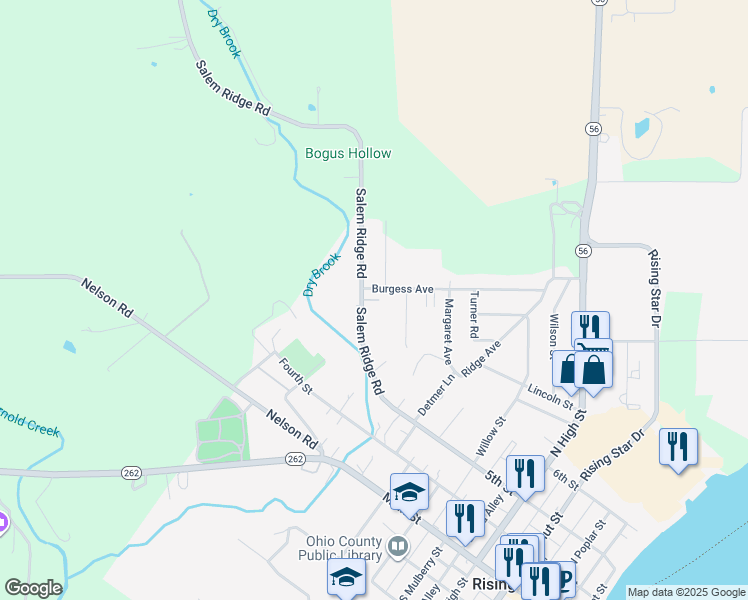 map of restaurants, bars, coffee shops, grocery stores, and more near 1115 Burgess Avenue in Rising Sun