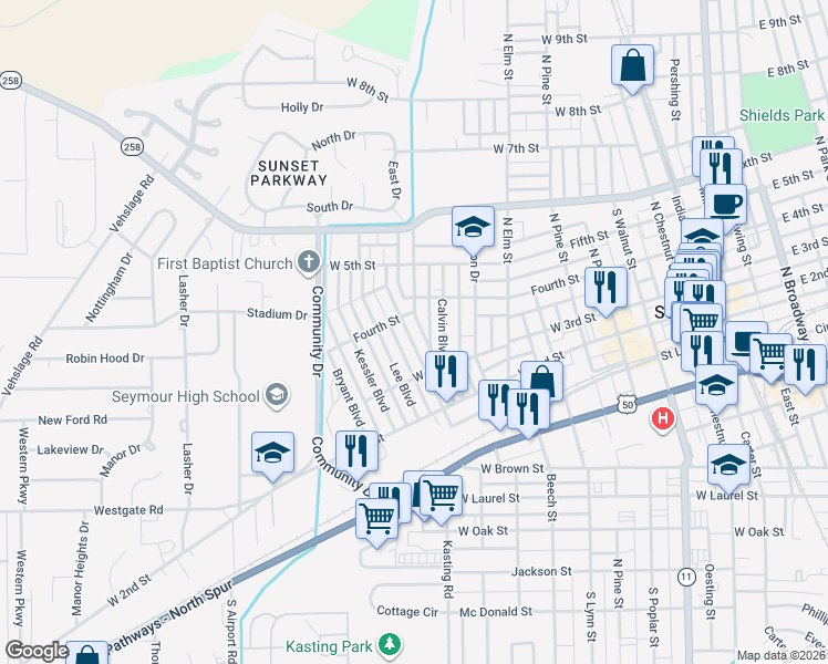 map of restaurants, bars, coffee shops, grocery stores, and more near 312 Carter Boulevard in Seymour