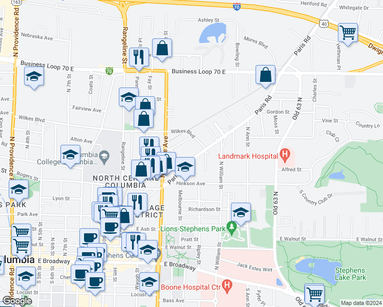 map of restaurants, bars, coffee shops, grocery stores, and more near 1408 Paris Road in Columbia