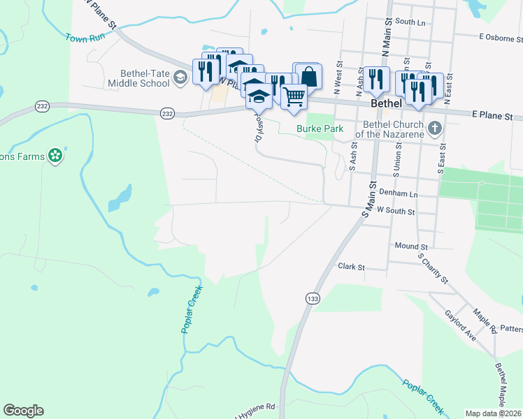 map of restaurants, bars, coffee shops, grocery stores, and more near 611 Easter Road in Bethel