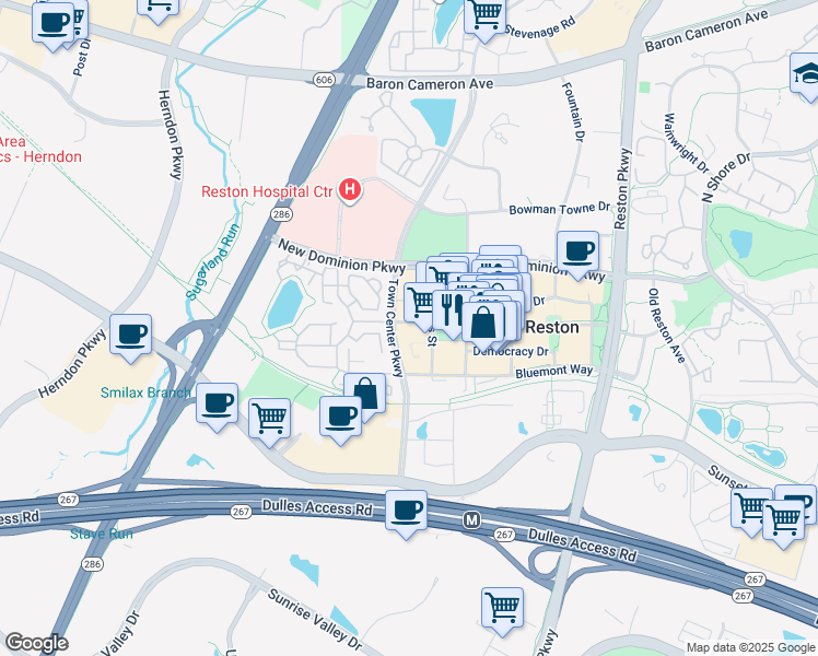 map of restaurants, bars, coffee shops, grocery stores, and more near 12001 Market Street in Reston