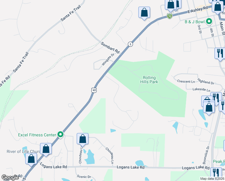 map of restaurants, bars, coffee shops, grocery stores, and more near 1208 West Ashley Road in Boonville