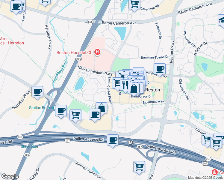 map of restaurants, bars, coffee shops, grocery stores, and more near 12001 Market Street in Reston