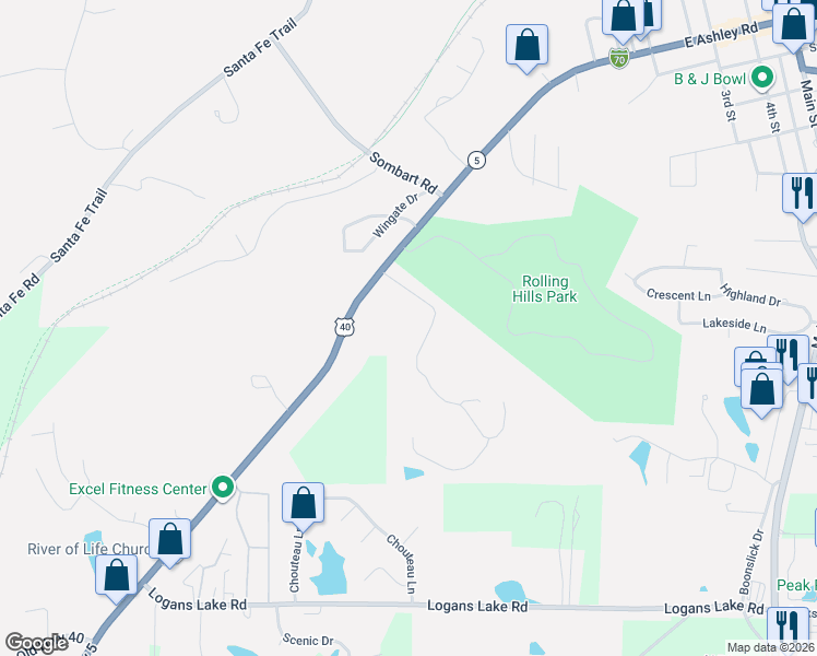map of restaurants, bars, coffee shops, grocery stores, and more near 1208 West Ashley Road in Boonville