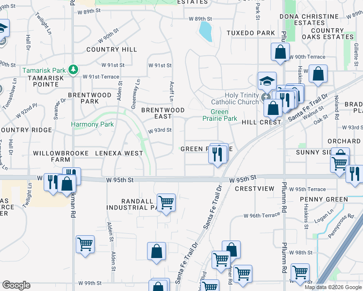 map of restaurants, bars, coffee shops, grocery stores, and more near 9335 Acuff Lane in Lenexa