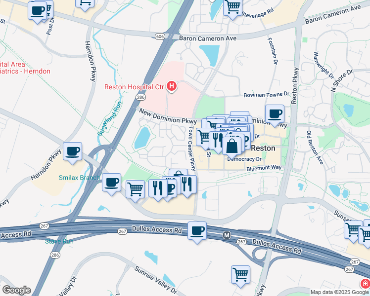 map of restaurants, bars, coffee shops, grocery stores, and more near 12094 Kinsley Place in Reston