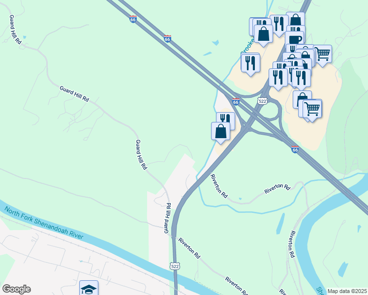 map of restaurants, bars, coffee shops, grocery stores, and more near 3853 Guard Hill Rd in Front Royal