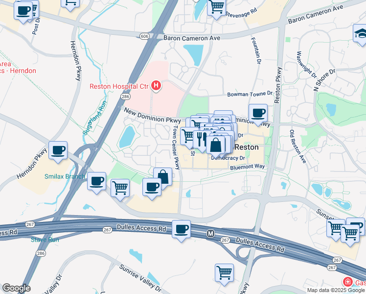 map of restaurants, bars, coffee shops, grocery stores, and more near 12001 Market Street in Reston