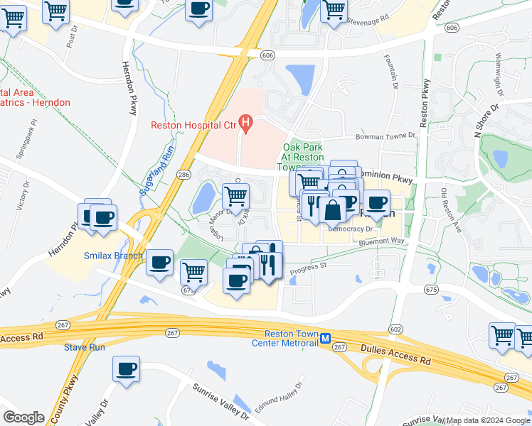 map of restaurants, bars, coffee shops, grocery stores, and more near 12094 Kinsley Place in Reston