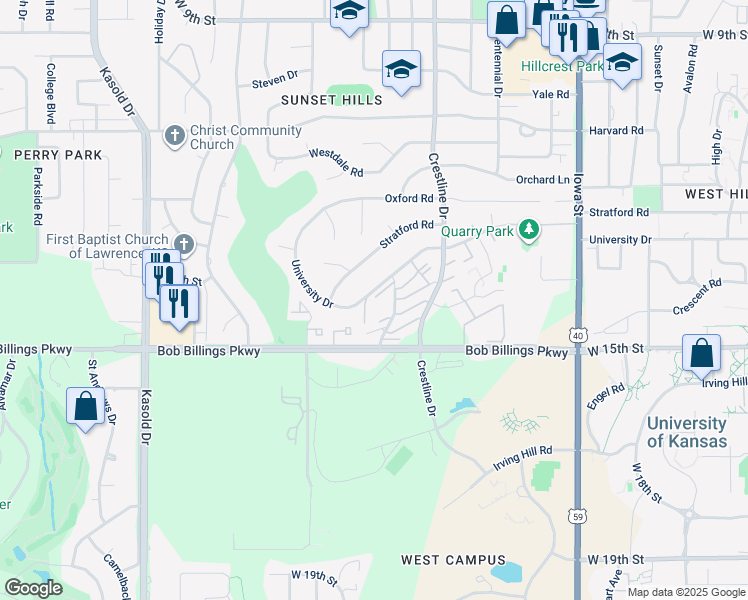 map of restaurants, bars, coffee shops, grocery stores, and more near 100 Weston Square in Lawrence