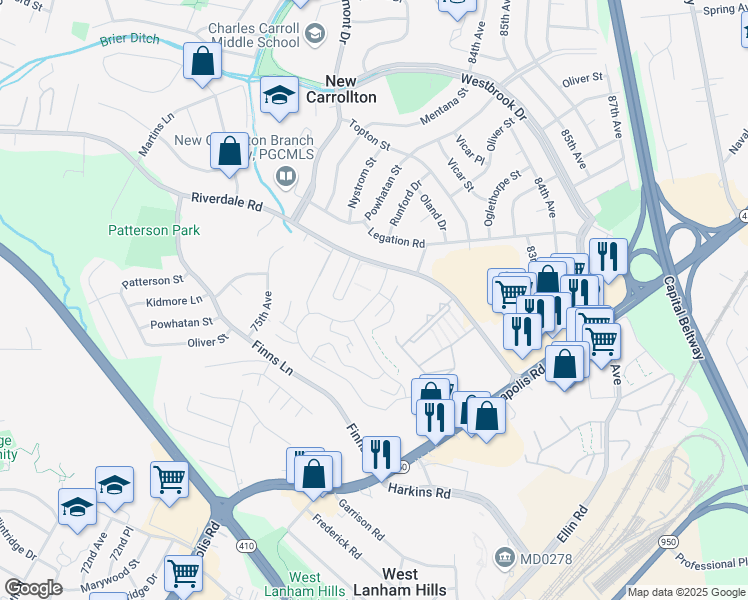map of restaurants, bars, coffee shops, grocery stores, and more near 7617 Fountainebleau Drive in New Carrollton